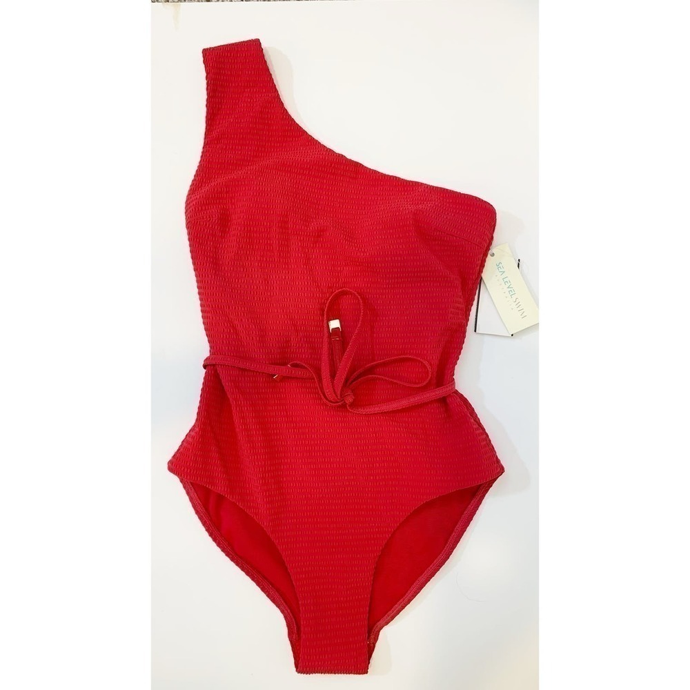 Sea Level Swim Red One Piece Swim Suit Sz 4 Belted One Shoulder Unused With Tags